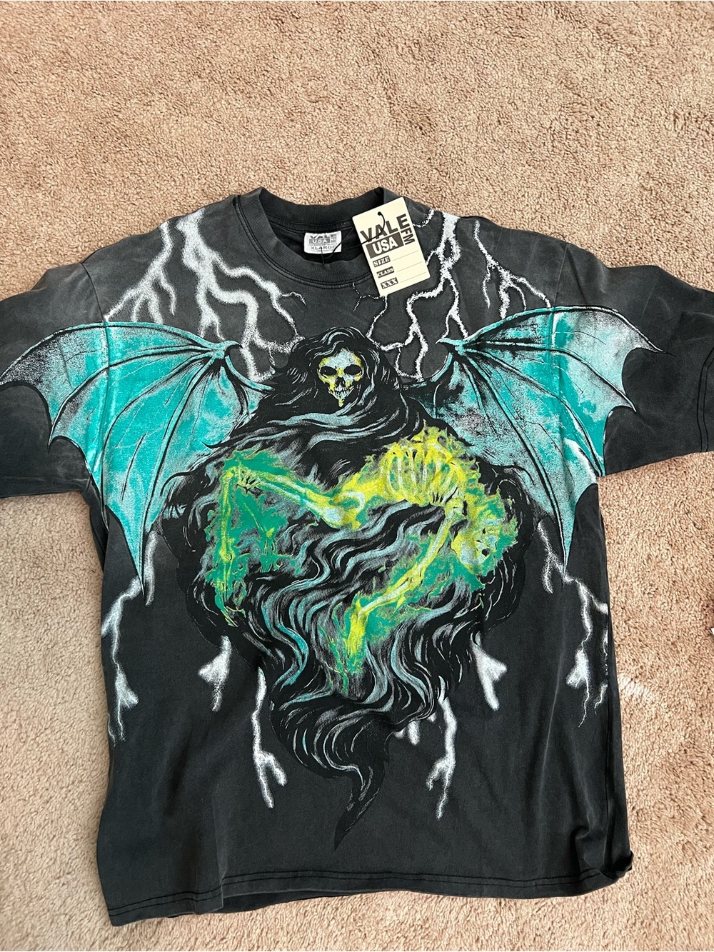 Black Grim Reaper Graphic Tee with Teal Wings